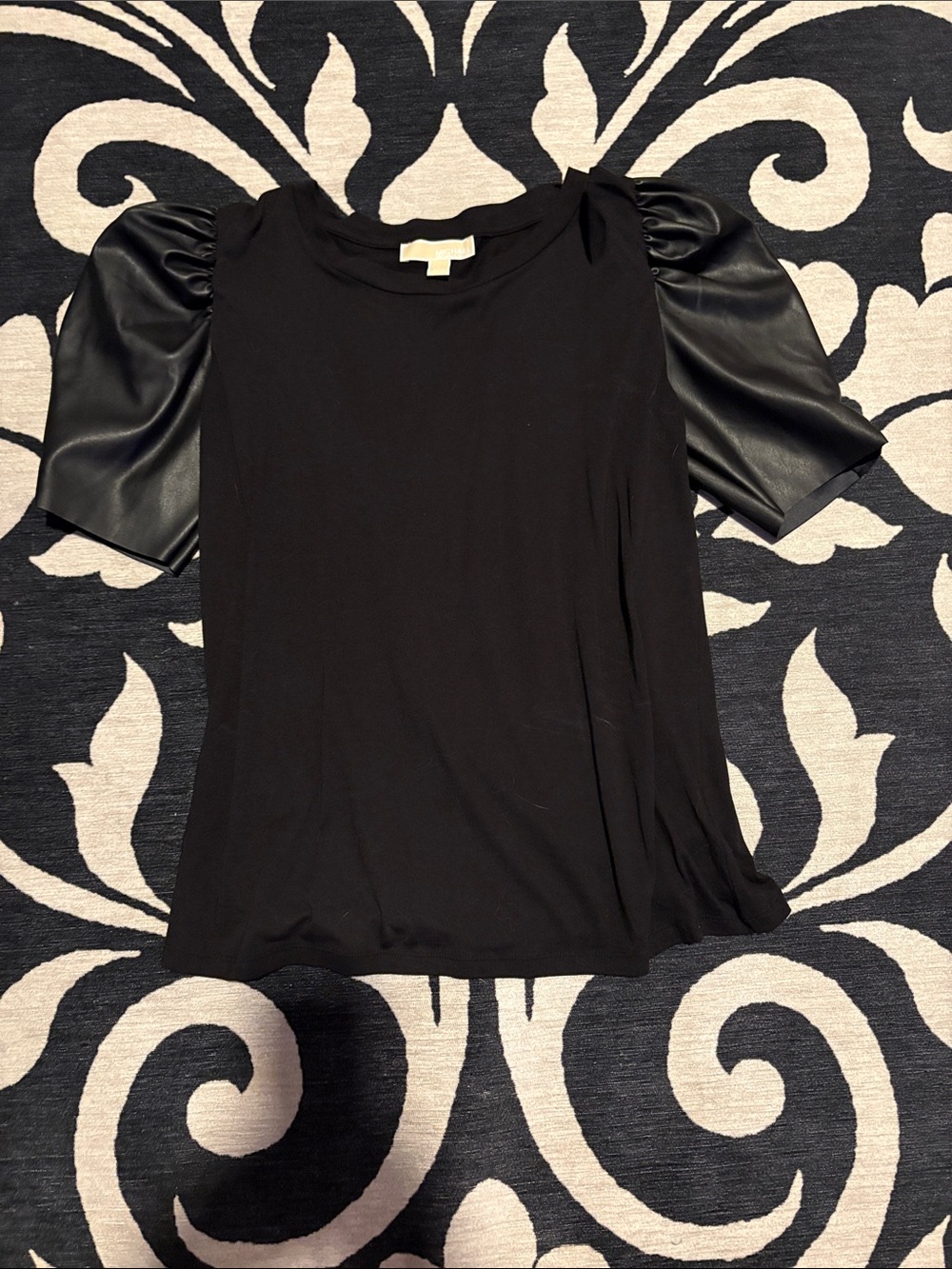 Michael Kors Black Short Sleeve Top with Faux Leather Puff Sleeves